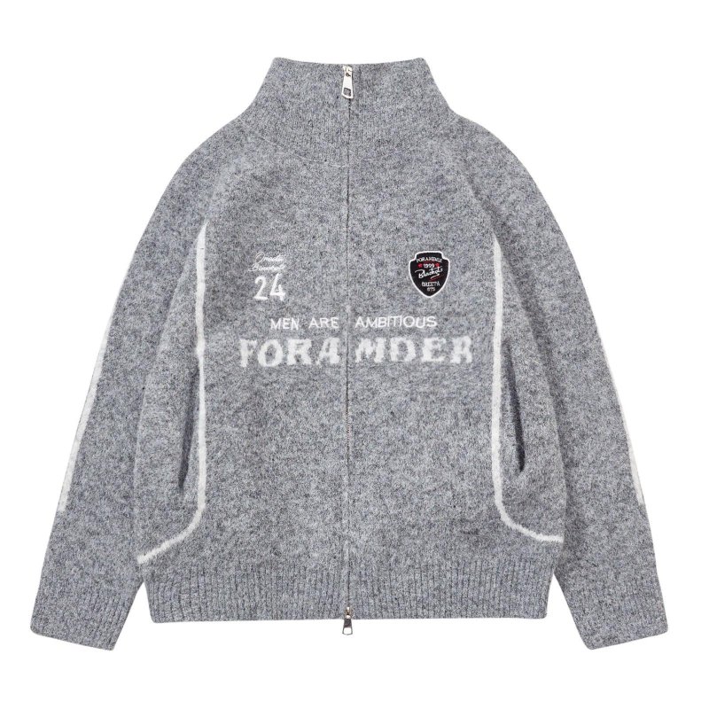 画像1: UnisexZip-up emblem round neck sweater jacket Jacket  Knit  ユニセックス男女兼用ジップアップ エンブレムセーター (1)