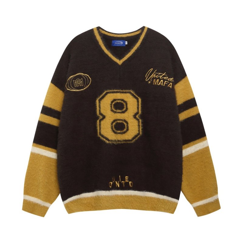 画像1: Unisex V-neck colorblock number 8 sweater Knit  ユニセックス男女兼用 Vネックカラーブロックナンバー8セータープルオーバ (1)