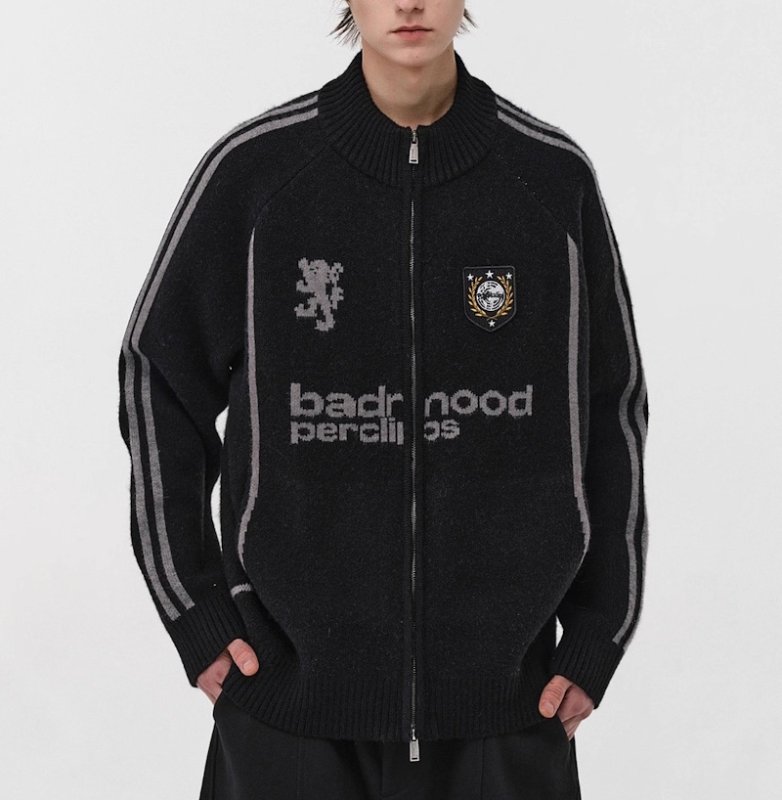 画像4: UnisexZip-up emblem round neck sweater jacket Jacket  Knit  ユニセックス男女兼用ジップアップ エンブレムセーター (4)