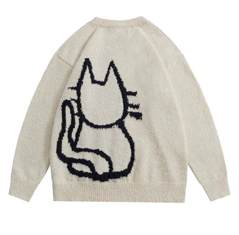 画像6: Unisex Cat knit crew neck sweater Knit  ユニセックス男女兼用キャット編み込み丸首ラウンドネックセータープルオーバ (6)