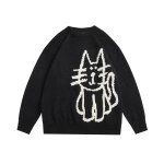 画像1: Unisex Cat knit crew neck sweater Knit  ユニセックス男女兼用キャット編み込み丸首ラウンドネックセータープルオーバ (1)