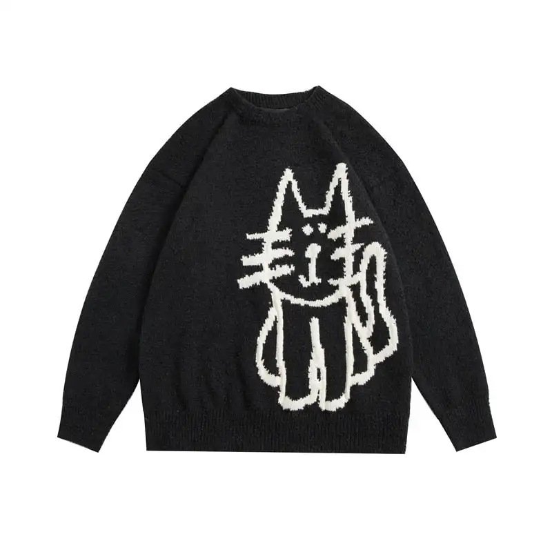 画像1: Unisex Cat knit crew neck sweater Knit  ユニセックス男女兼用キャット編み込み丸首ラウンドネックセータープルオーバ (1)