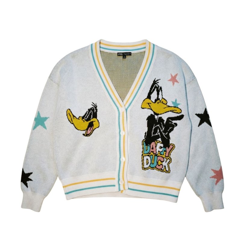 画像1: Women's Daffy Duck Vneck Sweater Cardigans Looney Tunes ダフィー・ダック Vネック カーディガン セーター ルーニー・テューンズ (1)