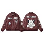 画像1: Tom & Jerry embroidered leather stadium jacket Jumper　ユニセックス 男女兼用 トム&ジェリー刺繍レザースタジャンスタジアムジャンパー  MA-1 ボンバー ジャケット ブルゾン (1)