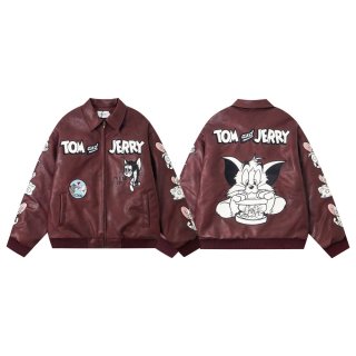 Tom and Jerry embroidery leather jacket Jumper stadium jacket ユニ