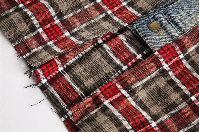 画像4: Denim & Check Patchwork Denim Jacket 　ユニセックス 男女兼用デニム&チェックパッチワークGジャン ブルゾンジャケット (4)