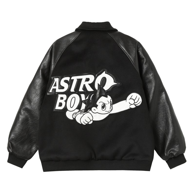 画像1: Astro Boy Embroidered Sleeve Leather Stadium Jacket Jumper　ユニセックス 男女兼用 ストトロボーイアトム刺繍レザースリーブスタジャンスタジアムジャンパー  MA-1 ボンバー ジャケット ブルゾン (1)