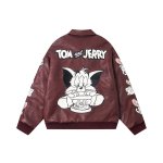 画像2: Tom & Jerry embroidered leather stadium jacket Jumper　ユニセックス 男女兼用 トム&ジェリー刺繍レザースタジャンスタジアムジャンパー  MA-1 ボンバー ジャケット ブルゾン (2)