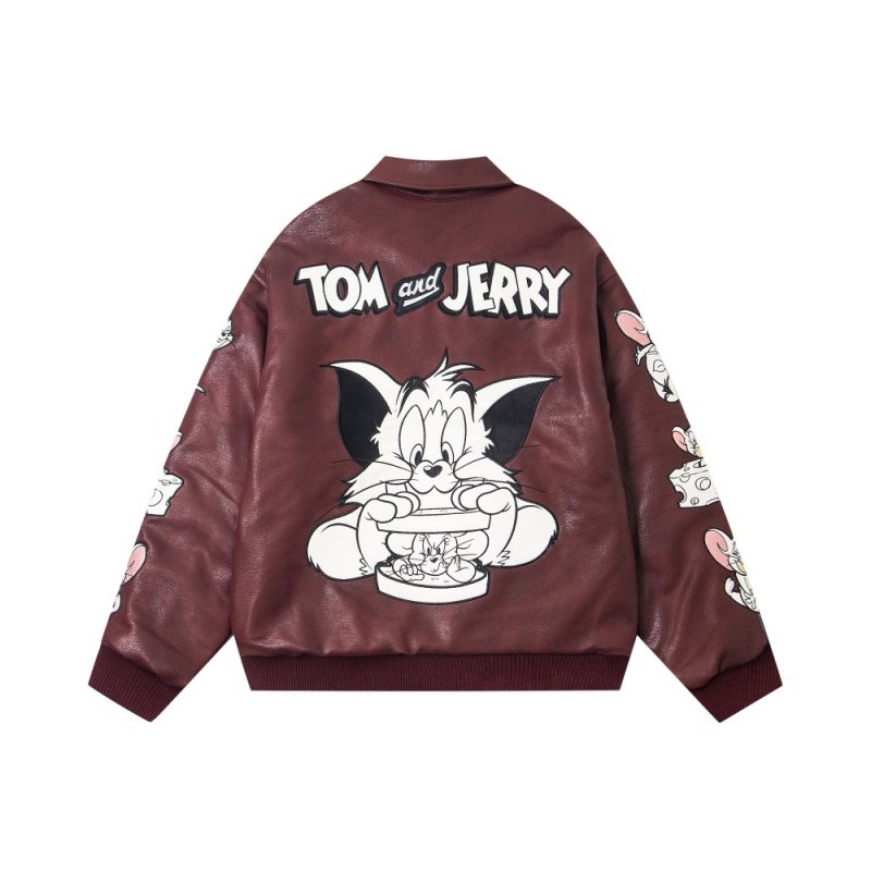 画像2: Tom & Jerry embroidered leather stadium jacket Jumper　ユニセックス 男女兼用 トム&ジェリー刺繍レザースタジャンスタジアムジャンパー  MA-1 ボンバー ジャケット ブルゾン (2)