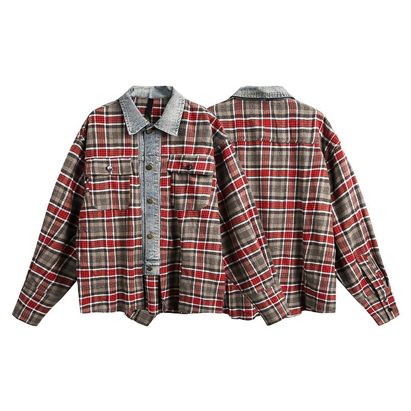 画像2: Denim & Check Patchwork Denim Jacket 　ユニセックス 男女兼用デニム&チェックパッチワークGジャン ブルゾンジャケット (2)