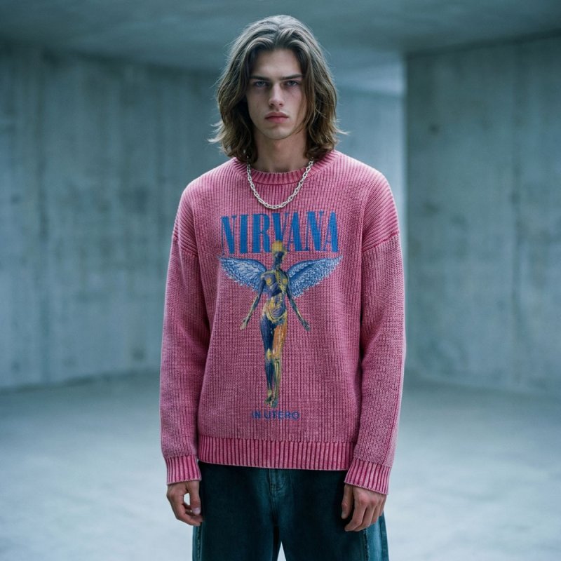 画像22: Unisex Nirvana Wash Retro Crew Neck Cotton Blend Sweater　 ニルヴァーナバンドフォト＆グラフィックヴィンテージスタイルプリント セーターニットトレーナー ユニセックス 男女兼用  (22)