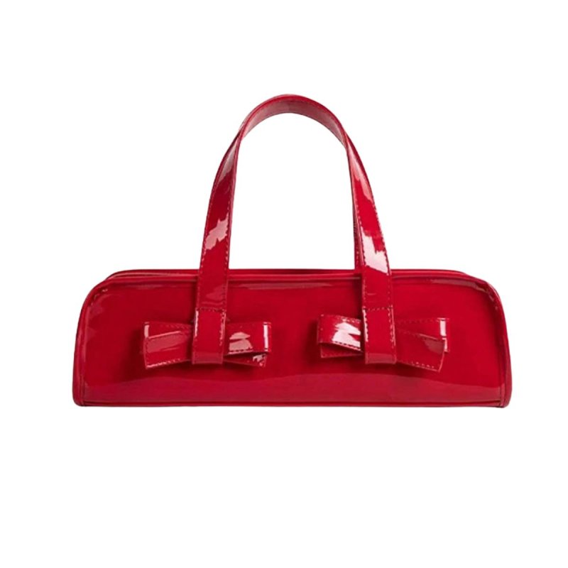 画像2: Patent Bow-tied tote bag エナメル リボン付き横長 ミニバッグ リボントートバッグ (2)