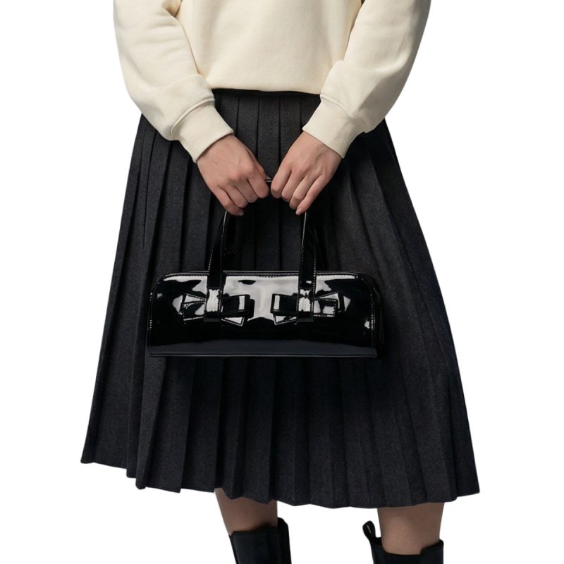 画像3: Patent Bow-tied tote bag エナメル リボン付き横長 ミニバッグ リボントートバッグ (3)