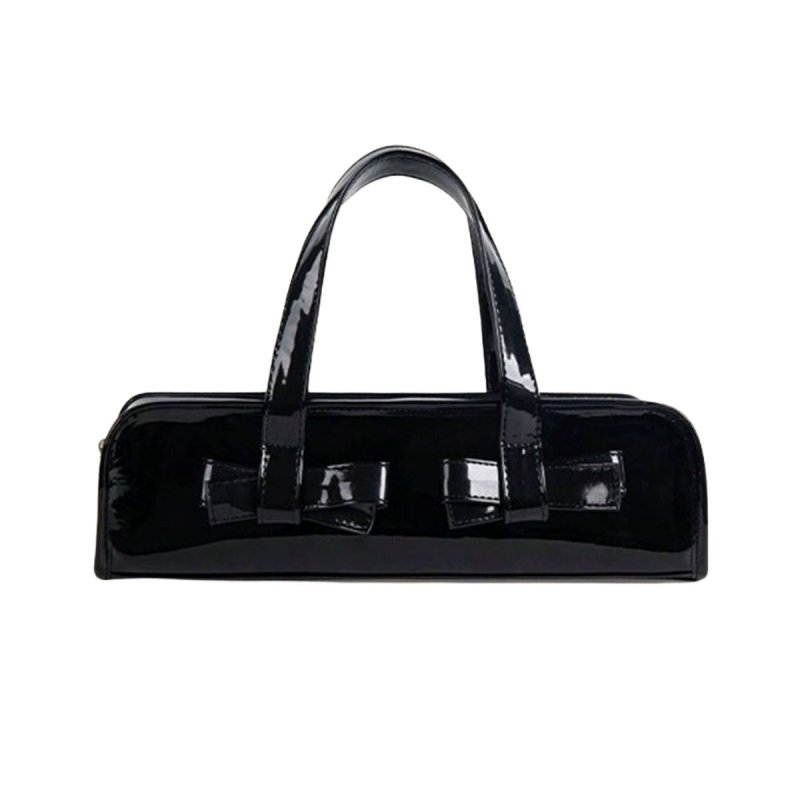 画像1: Patent Bow-tied tote bag エナメル リボン付き横長 ミニバッグ リボントートバッグ (1)