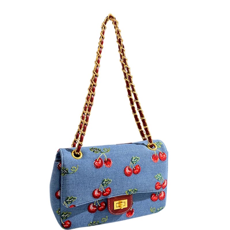 画像2: Cherry Print Denim Chain Tote Shoulder Bag　 チェリープリントデニムチェーントートショルダーポシェットバッグ (2)