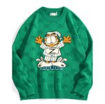 画像1: Unisex Monogram and Garfield embroidery knitted round neck sweater　ユニセックス 男女兼用 モノグラム＆ガーフィールド刺繍  プルオーバーセーター (1)