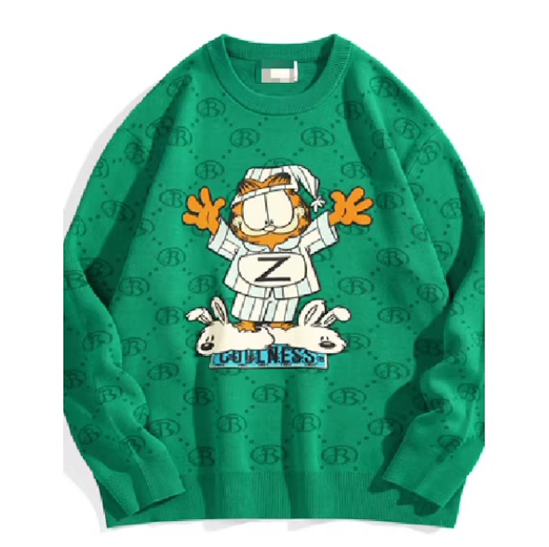 画像1: Unisex Monogram and Garfield embroidery knitted round neck sweater　ユニセックス 男女兼用 モノグラム＆ガーフィールド刺繍  プルオーバーセーター (1)