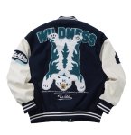 画像1:  men and women white bear emblem embroidery stadium jacket  　メンズ ユニセックス 男女兼用ホワイトベアエンブレム刺繍スタジャン ブルゾン ジャケット (1)