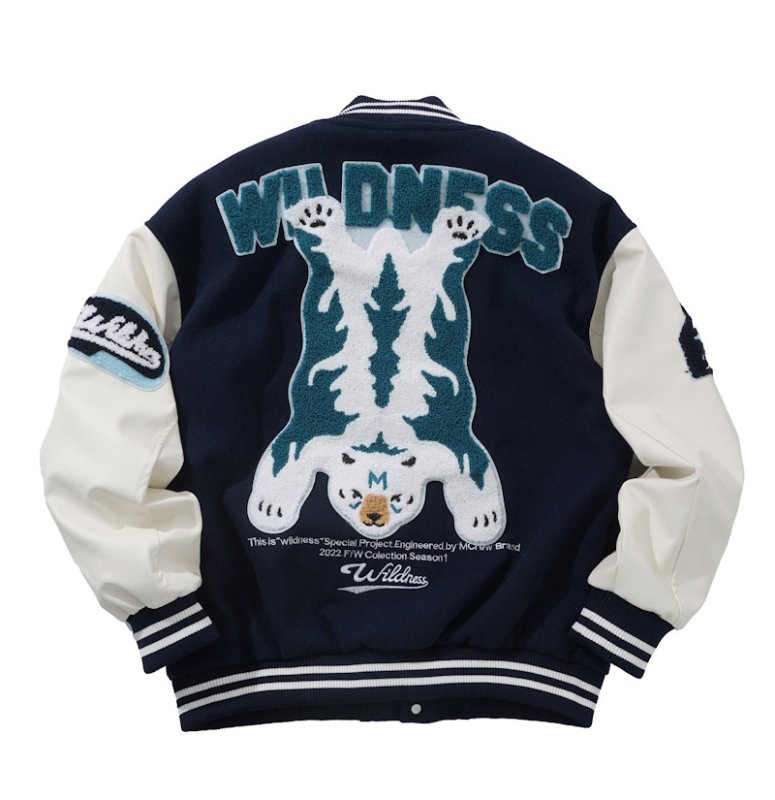 画像1:  men and women white bear emblem embroidery stadium jacket  　メンズ ユニセックス 男女兼用ホワイトベアエンブレム刺繍スタジャン ブルゾン ジャケット (1)