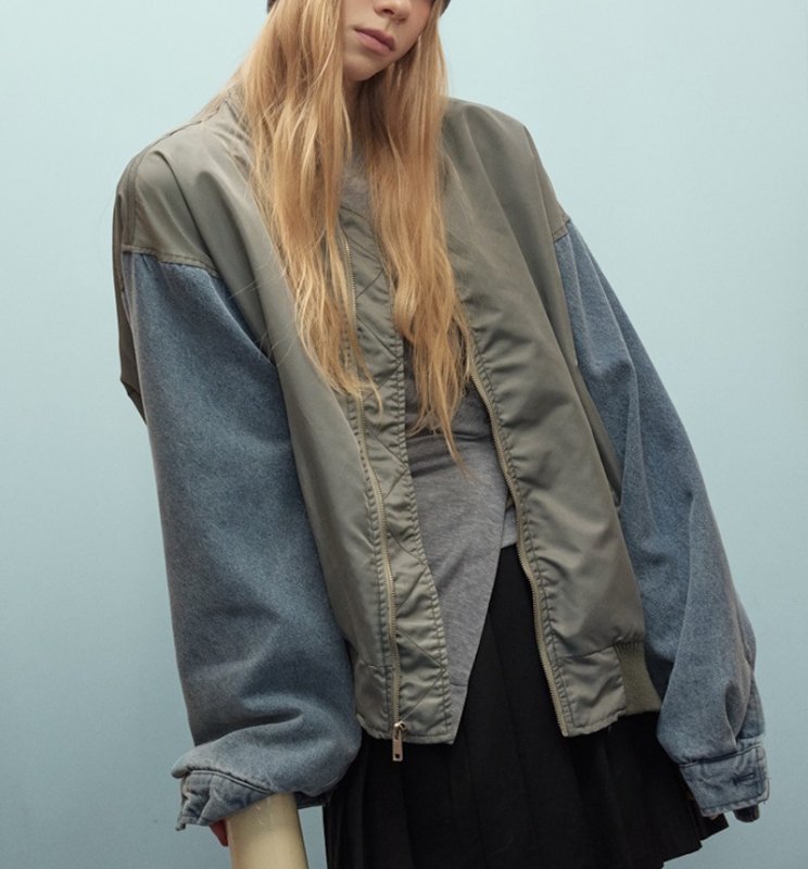 画像5: Acrylic & denim sleeve two-tone MA1 bomber jacket　ユニセックス 男女兼用 アクリル＆デニムスリーブ バイカラーMA1ボンバージャケット (5)