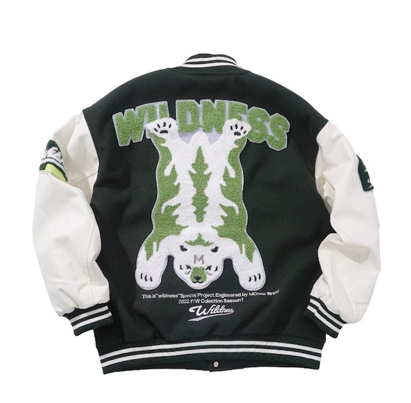 画像2:  men and women white bear emblem embroidery stadium jacket  　メンズ ユニセックス 男女兼用ホワイトベアエンブレム刺繍スタジャン ブルゾン ジャケット (2)