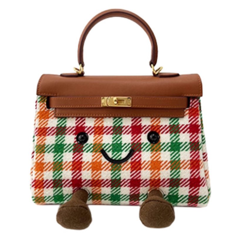 画像1: BKjllycatlm Check Plush Tote Shoulder Crossbody Bag  jllycatlm　チェックスマイルぬいぐるみトートショルダークロスボディーバッグスマイル   (1)