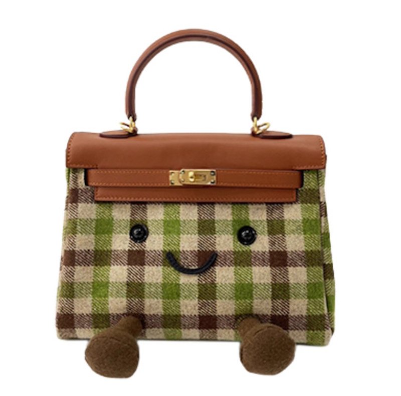 画像2: BKjllycatlm Check Plush Tote Shoulder Crossbody Bag  jllycatlm　チェックスマイルぬいぐるみトートショルダークロスボディーバッグスマイル   (2)