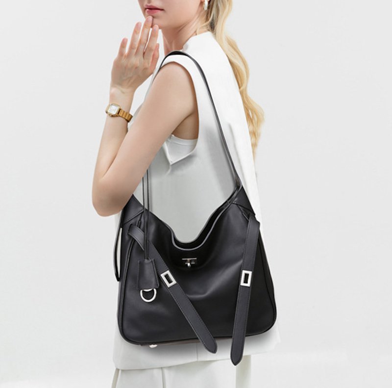 画像6: One-shoulder stylish leather tote with metal hardware, shoulder strap under arm　 ワンショルダースタイリッシュ金具付きレザートートショルダーアンダーアームバッグ (6)
