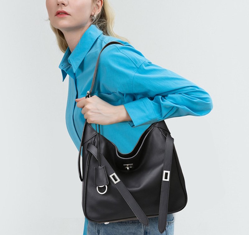 画像5: One-shoulder stylish leather tote with metal hardware, shoulder strap under arm　 ワンショルダースタイリッシュ金具付きレザートートショルダーアンダーアームバッグ (5)