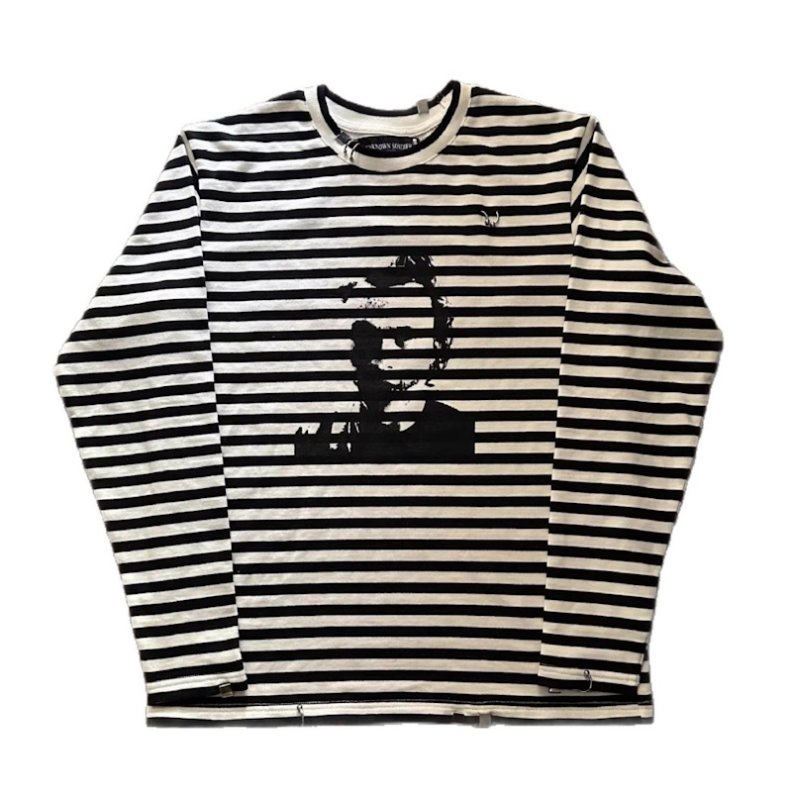 画像1: Border x Photo Print Long Sleeve T-Shirt　 ユニセックス 男女兼用ボーダー×フォトプリントラウンドネック長袖 Tシャツ (1)