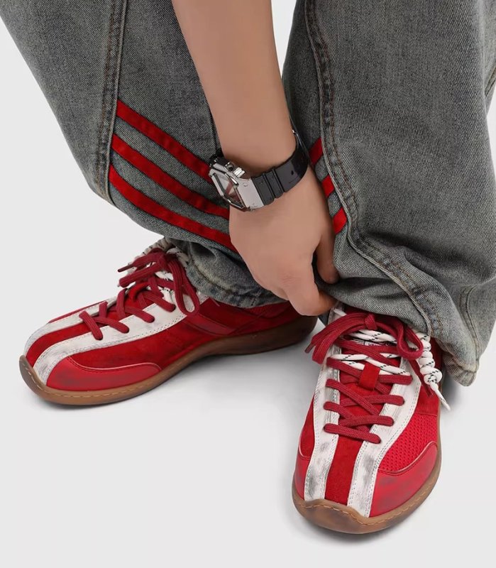 画像5: Unisex Color Block Distressed Leather Lace-Up Sneakers.shoes　 ユニセックス男女兼用レトロカラーブロックダメージレザーレースアップスニーカーカジュアルシューズ (5)