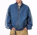 画像4: Three-line denim stand-collar zip-up jacket MA1 bomber jacket　ユニセックス 男女兼用 デニム3本ライン スタンドカラージップアップジャケットスタジャンMA1ボンバージャケット (4)