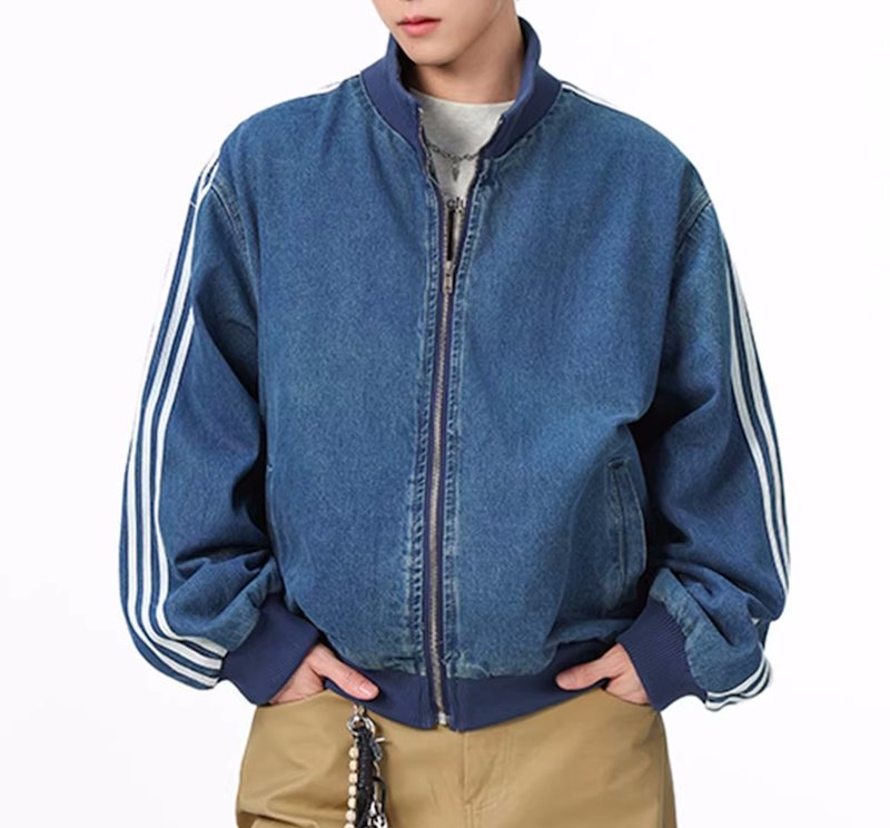 画像4: Three-line denim stand-collar zip-up jacket MA1 bomber jacket　ユニセックス 男女兼用 デニム3本ライン スタンドカラージップアップジャケットスタジャンMA1ボンバージャケット (4)