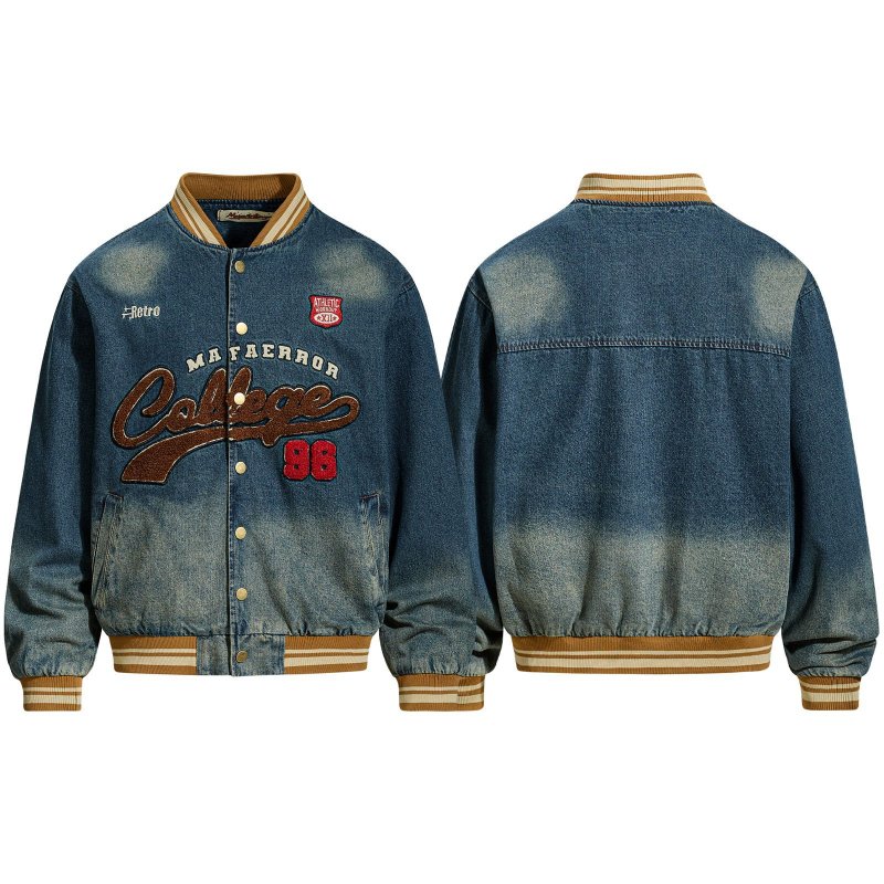 画像3: Denim College Logo Stadium Jacket MA1 bomber jacket　ユニセックス 男女兼用 カレッジロゴデニムスタジャンMA1ボンバージャケット (3)
