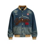 画像4: Denim College Logo Stadium Jacket MA1 bomber jacket　ユニセックス 男女兼用 カレッジロゴデニムスタジャンMA1ボンバージャケット (4)