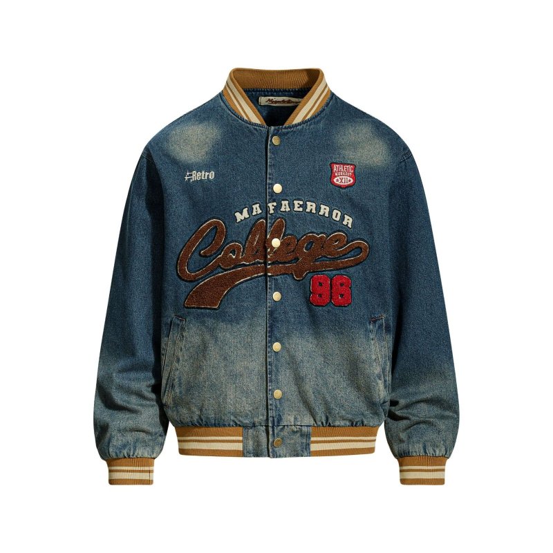 画像4: Denim College Logo Stadium Jacket MA1 bomber jacket　ユニセックス 男女兼用 カレッジロゴデニムスタジャンMA1ボンバージャケット (4)