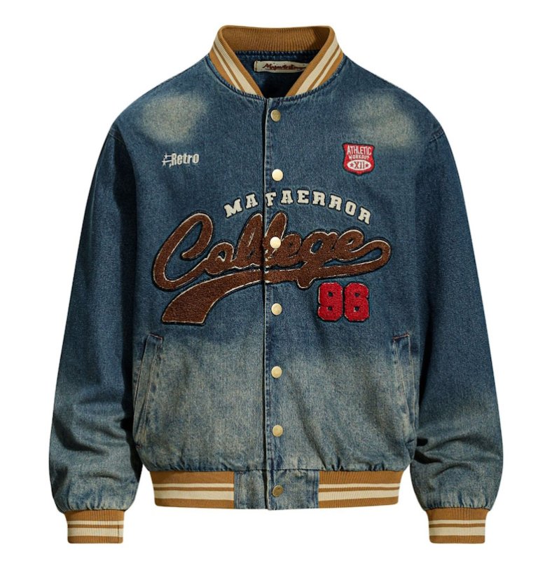 画像1: Denim College Logo Stadium Jacket MA1 bomber jacket　ユニセックス 男女兼用 カレッジロゴデニムスタジャンMA1ボンバージャケット (1)
