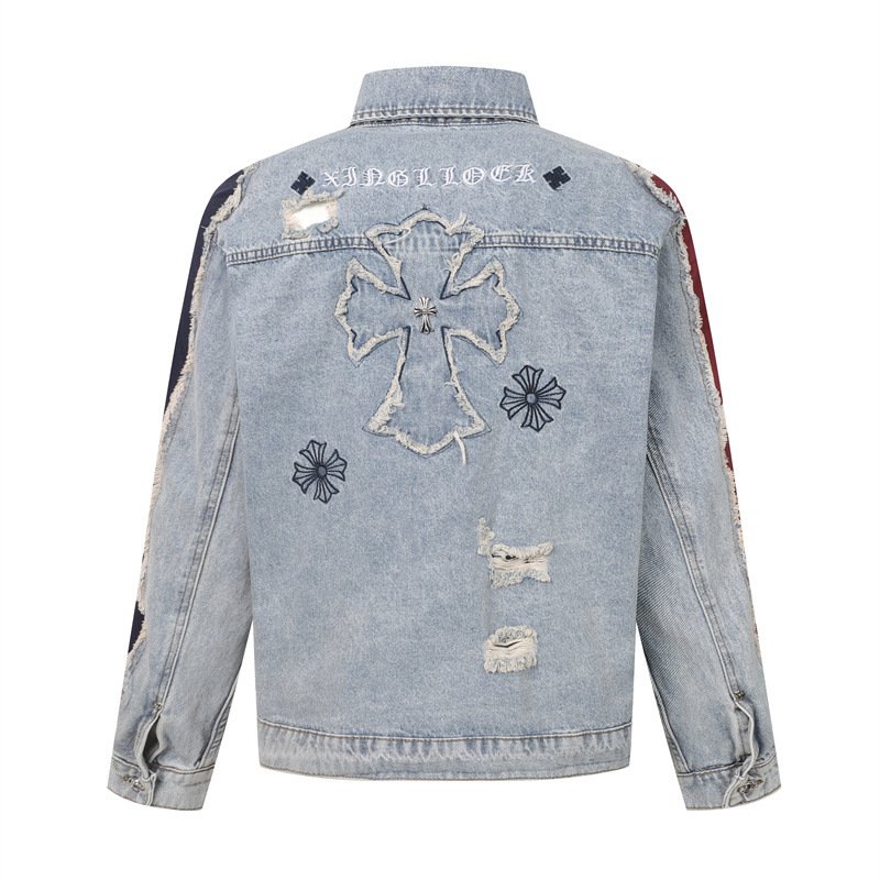 画像3: Cross patchwork embroidered denim jacket　ユニセックス 男女兼用 クロスパッチワーク刺繍ウォッシュダメージデニムGジャンジャケット (3)