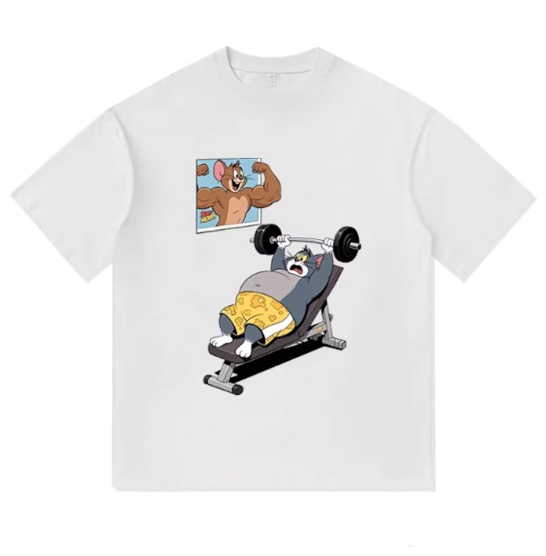 画像1: Bench Press Tom and Jerry Fitness Print round neck short sleeve T-shirt  ユニセックス 男女兼用ベンチプレス トム＆ジェリー フィットネスプリントラウンドネック Tシャツ (1)