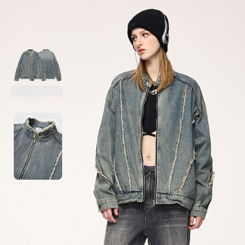 画像4: 26SS Raw Edge Wash Dmage Denim Zip-Up Jacket G-Jean blouson Y2K ユニセックス 男女兼用 ローエッジ ダメージ加工 ウォッシュデニム ジップアップ ジャケットGジャン ブルゾン (4)