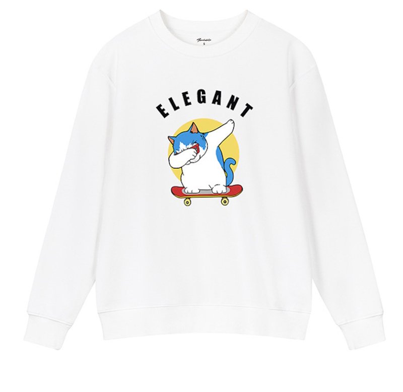 画像1: elegant cat skateboard Print round neck long sleeve Sweatshirts  ユニセックス 男女兼用エレガントスケートボードキャットプリントラウンドネック スウェットトレーナー (1)