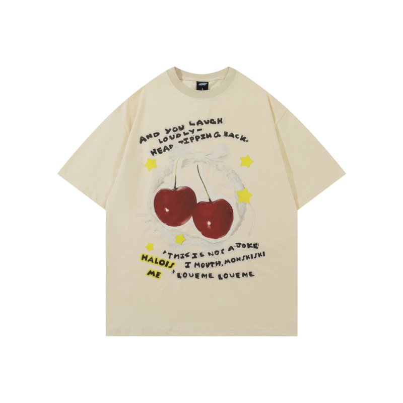 画像2: Cherry print oversized short sleeve T-shirt   チェリー＆リボン プリント 半袖Tシャツ  男女兼用 ユニセックス (2)