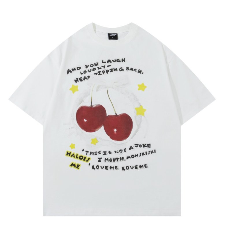 画像1: Cherry print oversized short sleeve T-shirt   チェリー＆リボン プリント 半袖Tシャツ  男女兼用 ユニセックス (1)