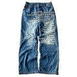 画像1: Retro Alphabet Logo Print Washed Denim Pants Jeans  レトロアルファベットロゴプリントウォッシュデニムパンツジーンズ (1)