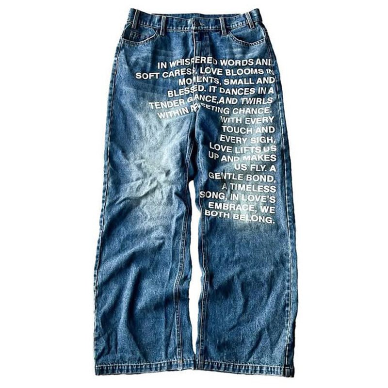 画像1: Retro Alphabet Logo Print Washed Denim Pants Jeans  レトロアルファベットロゴプリントウォッシュデニムパンツジーンズ (1)