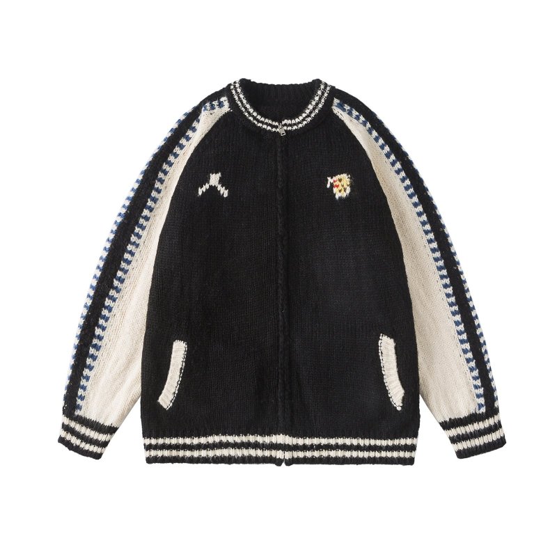 画像3: Knit Clochette Souvenir Zip Up Jacket baseball uniform jacket blouson ユニセックス 男女兼用 ニット 編み込み ジップアップジャケット スタジアムジャンパー スタジャン ブルゾン (3)
