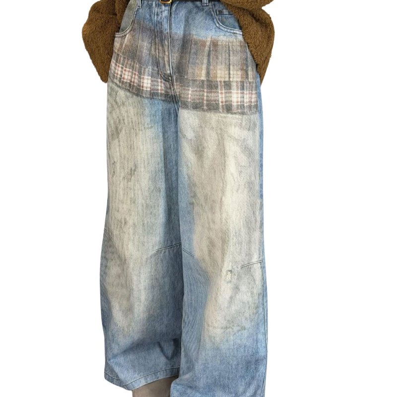 画像2: 3D check print distressed denim pants 　３Dチェックプリント柄ダメージデニムパンツジーンズ  (2)