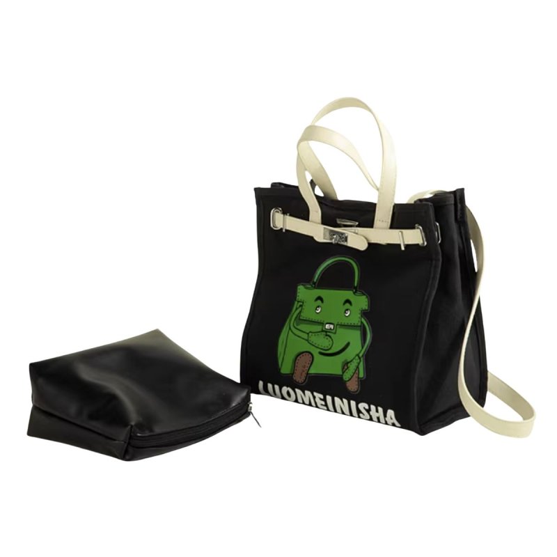 画像2: Original Niche Portable Kelly Bag Printed Cartoon Canvas Bucket Tote Shoulder Bag  ケリーバッグプリントカートゥーンキャンバスバケットトートショルダーバッグ ラージキャパシティー (2)