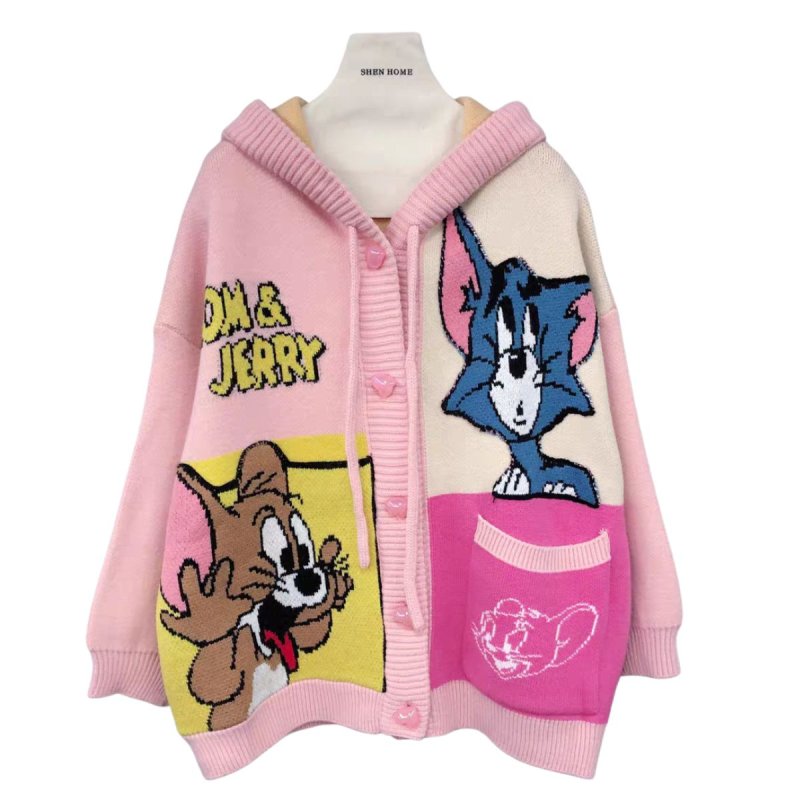 画像3: Women's Tom and Jerry V-neck Loose Knit Sweater Hoodie Jacket トム＆ジェリー ルーズ Vネックカーディガンセーター パーカー (3)