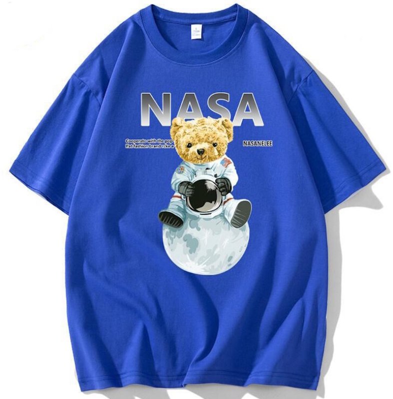 画像1: NASA x Earth x Astronaut Bear round neck short sleeve T-shirt  ユニセックス 男女兼用NASAナサ×地球×宇宙飛行士ベア熊プリントラウンドネック Tシャツ (1)